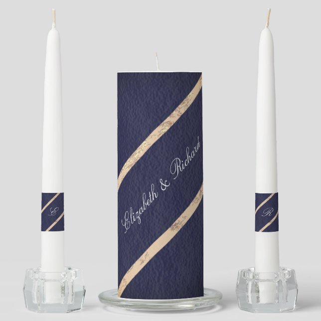 Simple  Gold Marble on Dark Blue Wedding Unity Candle Set (Front)
