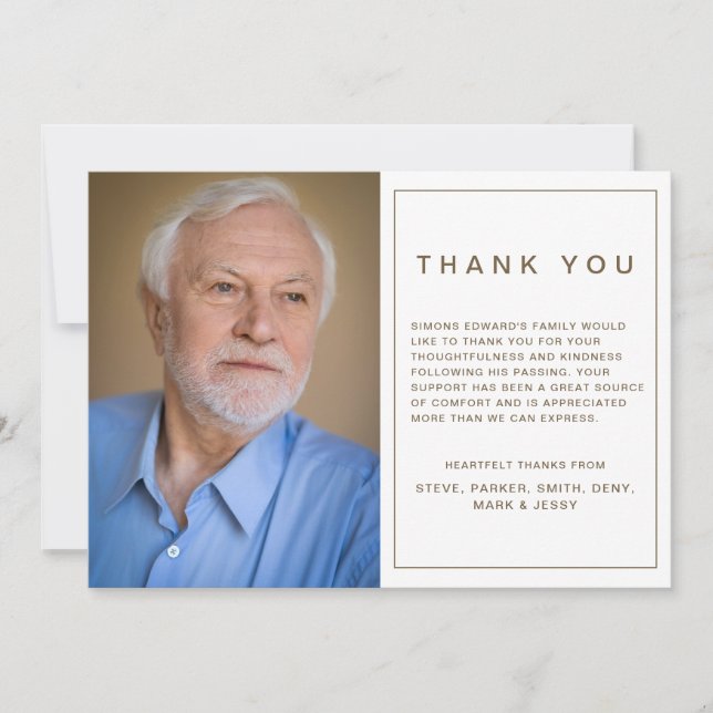 Simple Gold Memorial Funeral Sympathy Photo Thank You Card (Front)