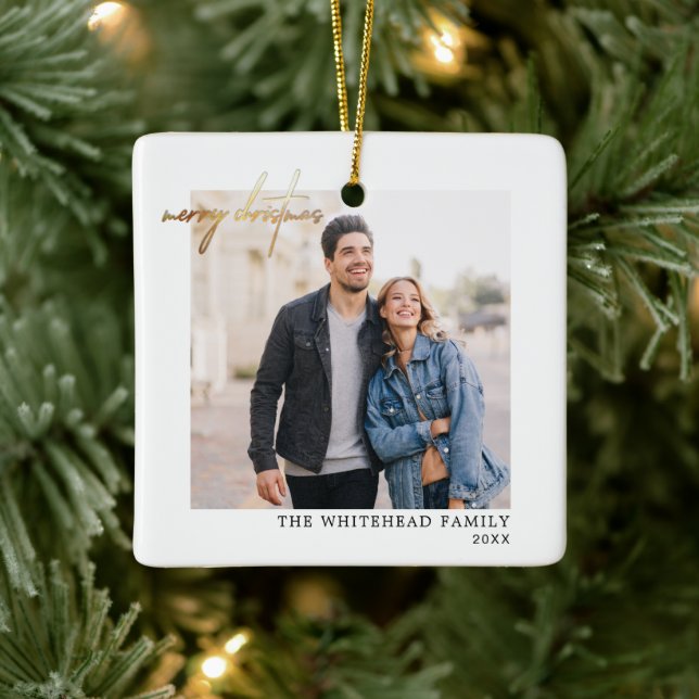Simple Gold Merry Christmas Photo White Ceramic Ornament (Tree)