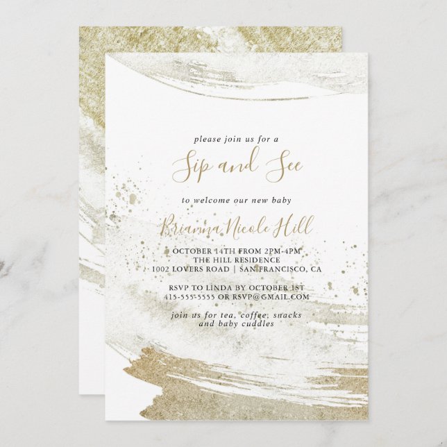 Simple Gold Minimalist Sip and See Invitation (Front/Back)