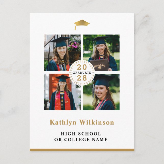 Simple Gold Modern 4 Photo Collage Graduation Invitation Postcard (Front)