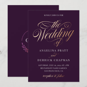 Simple Gold Modern Purple Calligraphy Wedding Invitation