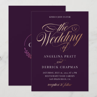 Simple Gold Modern Purple Calligraphy Wedding Invitation