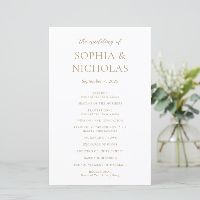 Simple Gold Modern Wedding Program (Standing Front)