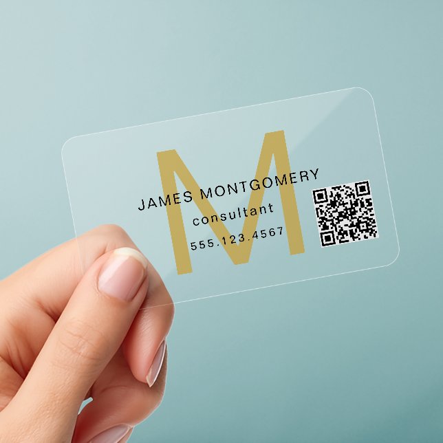 Simple Gold Monogram Black Script Professional Clear Business Cards (Handheld)