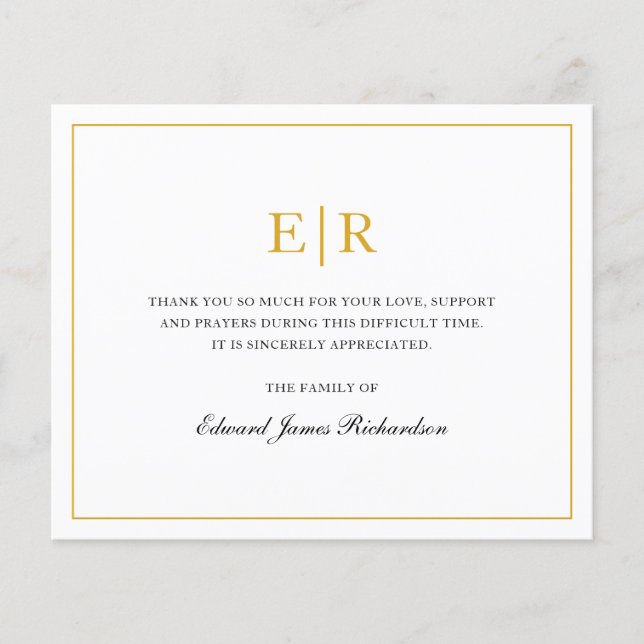 Simple Gold Monogram Funeral Budget Thank You Card (Front)