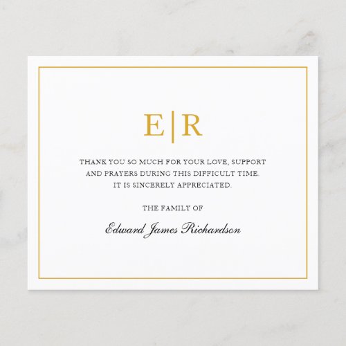 Simple Gold Monogram Funeral Budget Thank You Card