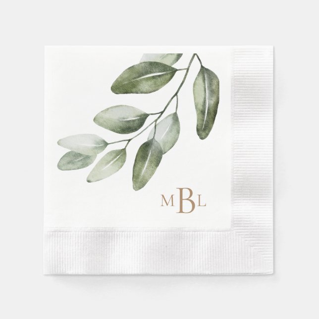 Simple Gold Monogram Greenery Coined  Napkins (Front)
