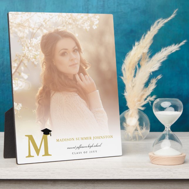 Simple Gold Monogram Modern Graduation Photo Plaque (Side)