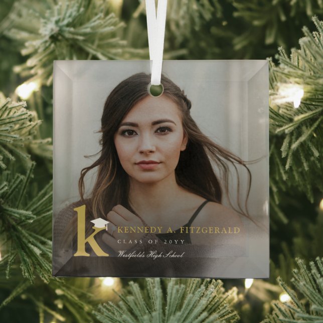 Simple Gold Monogram Modern Photo Graduation Easel Glass Ornament (Insitu)