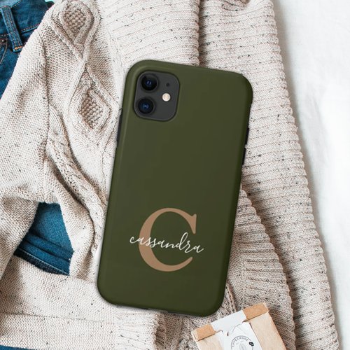 Simple Gold Monogram Script Name Forest Green iPhone 11 Case