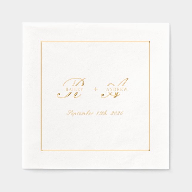 Simple Gold Monogram Wedding Foil Napkins (Front)