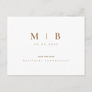 Simple Gold Monogram White Save the Date Announcement Postcard
