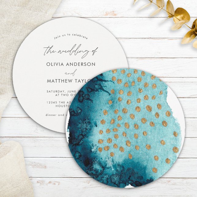 Simple Gold Navy Blue Elegant Watercolor Wedding Invitation (Front/Back)