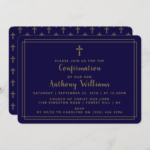 Simple Gold  Navy Blue Holy Cross Confirmation Invitation