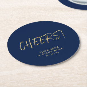 Simple Gold & Navy Cheers Adult Birthday Party Round Paper Coaster