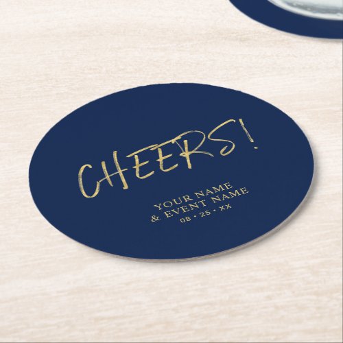 Simple Gold  Navy Cheers Adult Birthday Party Round Paper Coaster