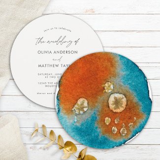 Simple Gold Navy Orange Elegant Watercolor Wedding