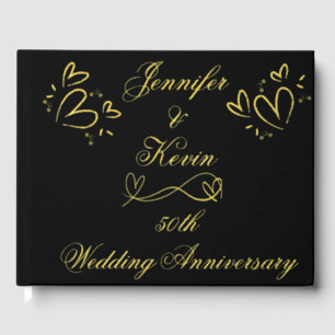 Simple Gold on Black 50th Wedding Anniversary Foil Guest Book