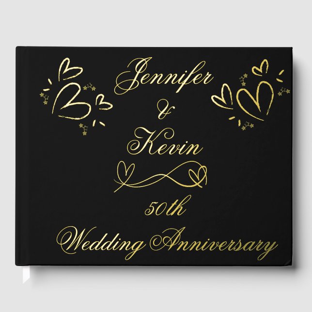 Simple Gold on Black 50th Wedding Anniversary | Foil Guest Book (Front)