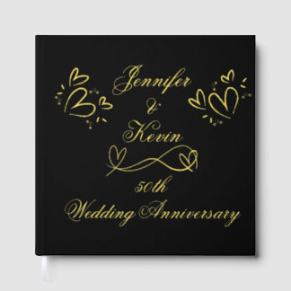 Simple Gold on Black 50th Wedding Anniversary | Foil Guest Book