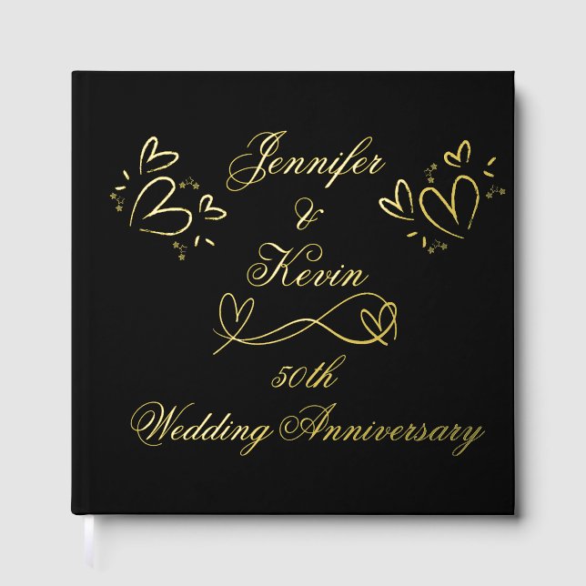 Simple Gold on Black 50th Wedding Anniversary | Foil Guest Book (Front)