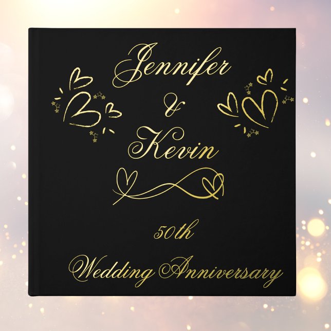 Simple Gold on Black 50th Wedding Anniversary | Foil Guest Book (Creator Uploaded)