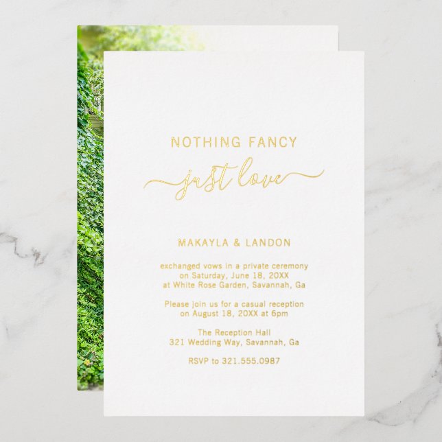 Simple Gold Photo Elegant Wedding Reception Foil Invitation (Front/Back)