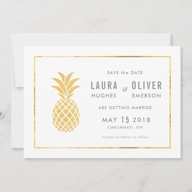 Simple Gold Pineapple Save the Date Cards (Front)