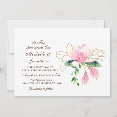 Simple Gold Pink Magnolia Christian Wedding Invitation