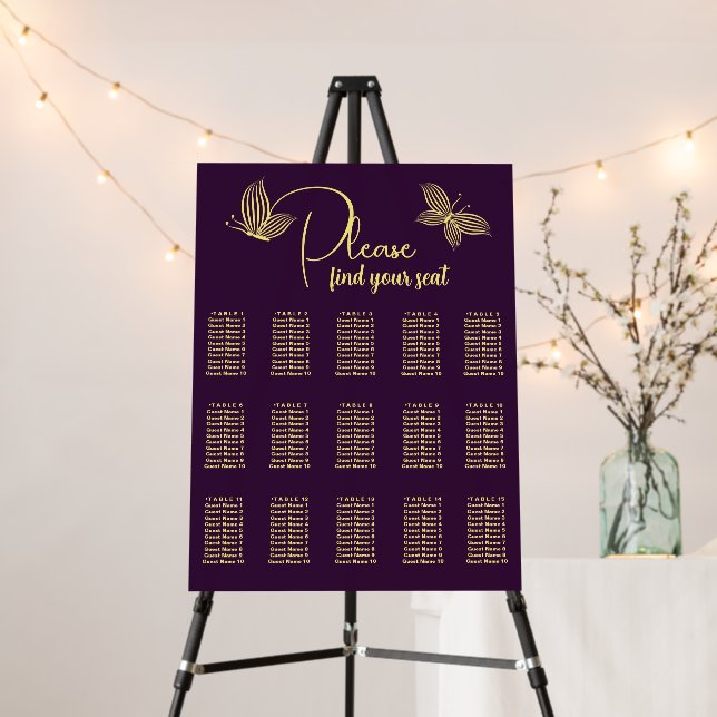 Simple gold purple butterflies seating chart foam board (In Situ (Stand))