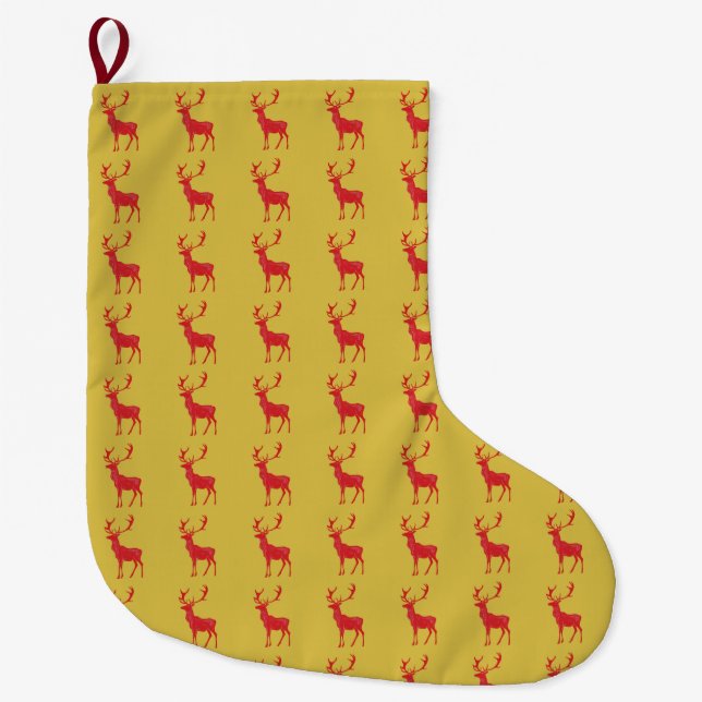 Simple Gold Red Reindeers christmas Xmas Pattern Large Christmas Stocking (Front)