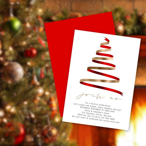 Simple Gold Red Tree Christmas Party Invitation