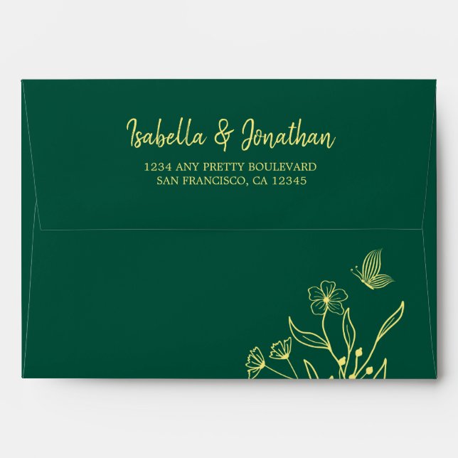 Simple gold return address emerald wedding envelope (Back (Top Flap))
