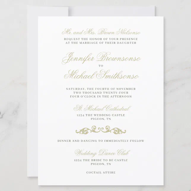 Simple Gold Sage Green Signature Font Wedding Invitation | Zazzle