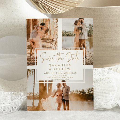 Simple gold save the date 3 photo budget wedding