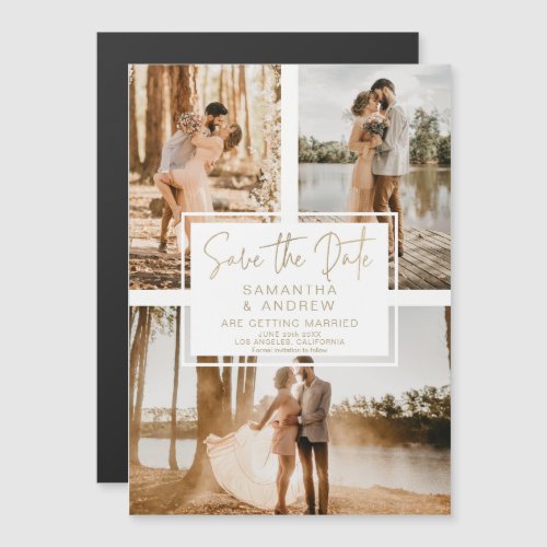 Simple gold save the date 3 photo grid collage