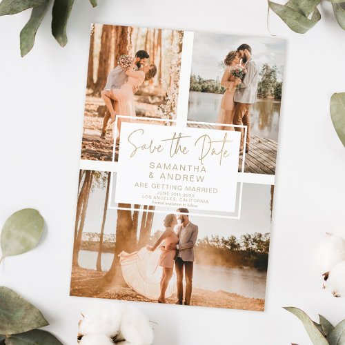 Simple gold save the date 3 photo grid collage