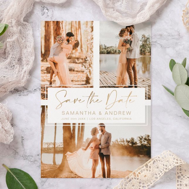 Simple gold save the date 3 photo grid collage (Creator Uploaded)