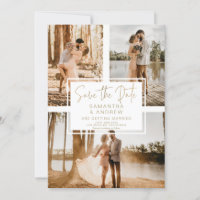 Simple gold save the date 3 photo grid collage