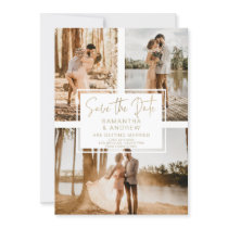 Simple gold save the date 3 photo grid collage Simple gold save the date 3 photo grid collage