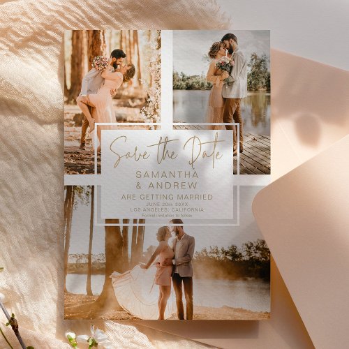 Simple gold save the date 3 photo grid collage postcard