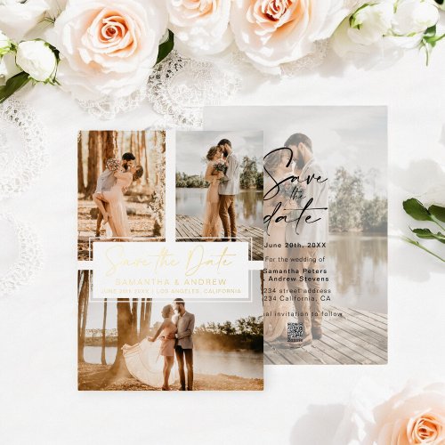 Simple gold save the date 4 photo grid collage foil invitation