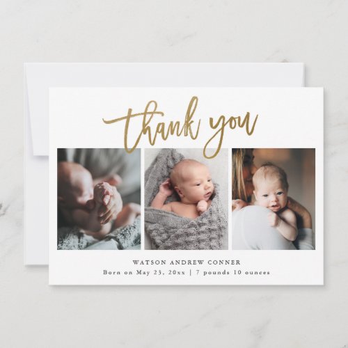 Simple Gold Script 3 Photo Baby Thank You Card