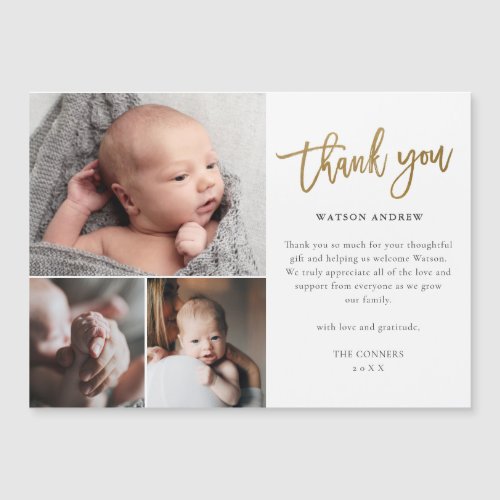 Simple Gold Script 3 Photo Baby Thank You Card