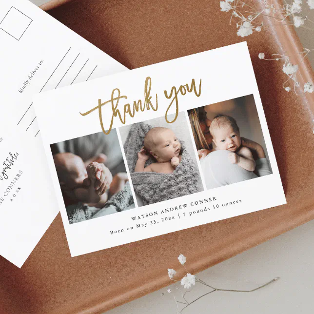 Simple Gold Script 3 Photo Baby Thank You Postcard | Zazzle