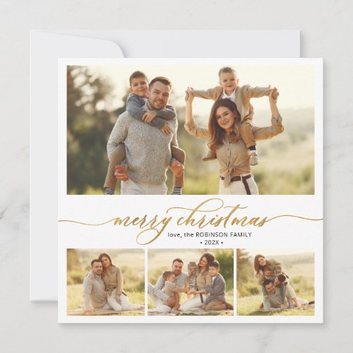 Simple Gold Script 4 Multi Photo Christmas Holiday Card