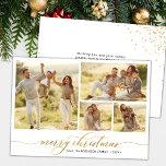 Simple Gold Script 4 Photo Collage Christmas  Holiday Card<br><div class="desc">Modern Minimal Elegant Calligraphy 4 Photo Collage Christmas Cards. This festive minimalist multi photo christmas cards features pretty four (4) photo collage, a „Merry Christmas” script which is written in a hand lettered swash tail font type in gold and white. On the back side glitter confetti corners and pre-made message....</div>