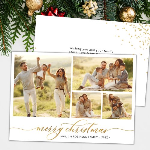 Simple Gold Script 4 Photo Collage Christmas  Holiday Card