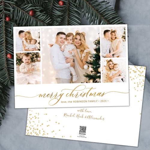 Simple Gold Script 5 Photo Collage Christmas  Holiday Card